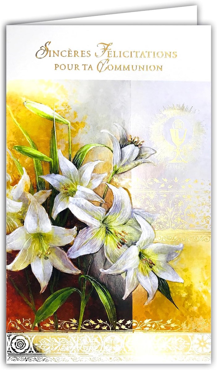 19-639 Kaart met envelop oprechte felicitaties voor je communie jongen meisje christelijk katholiek ostie brood wijn beker kelk ciDrinken bloemen witte lelies peetvader peettante - gemaakt in Europa