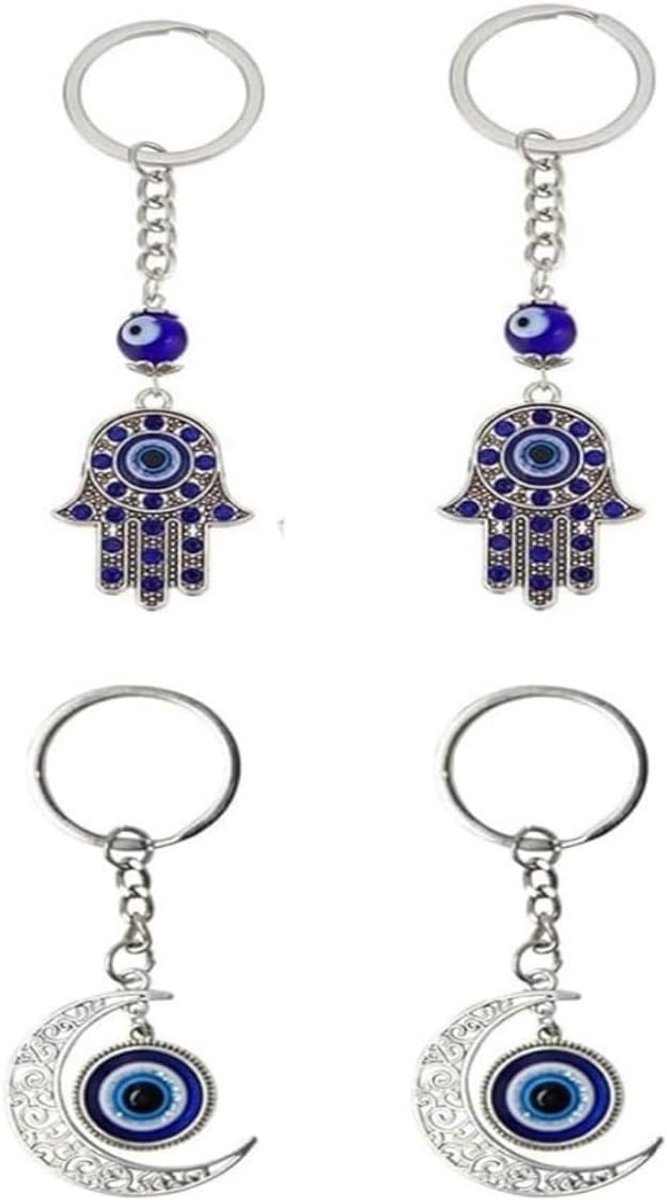 Glazen samulet, 4 stuks sleutelhangers voor geluk, sleutelhanger met blauwe ogen, sleutelhanger met boze oog voor auto, sleutelhanger met blauw oog en Feng Shui