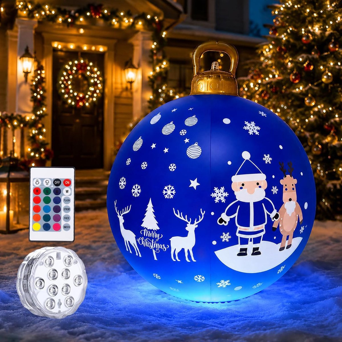 Kerstballen, 60 cm Grote Lichtgevende LED Kerstballen met Afstandsbediening, Kerstversiering Opblaasbare kerstbal voor bruiloft, tuin, woondecora, Kerstcadeau (Blauw)