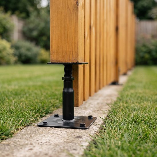 4 stuks in hoogte verstelbare paaldragers, 100-150 mm, zwarte steunvoet, verstelbare paalvoet van koolstofstaal met schroeven, paalsteun, zwart, voor hekken, carports, pergola's — afbeelding 4