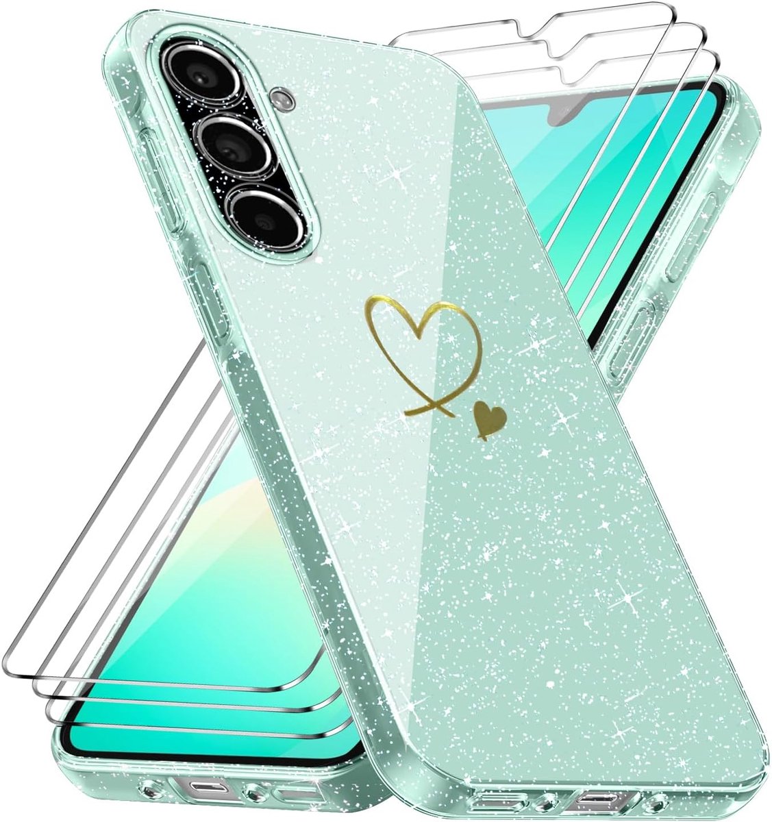 Beschermhoes voor Samsung Galaxy A26 4G / 5G, met 3 displaybeschermfolies van gehard glas, valbescherming en anti-vingerafdruk, zachte en glinsterende hoes, transparant