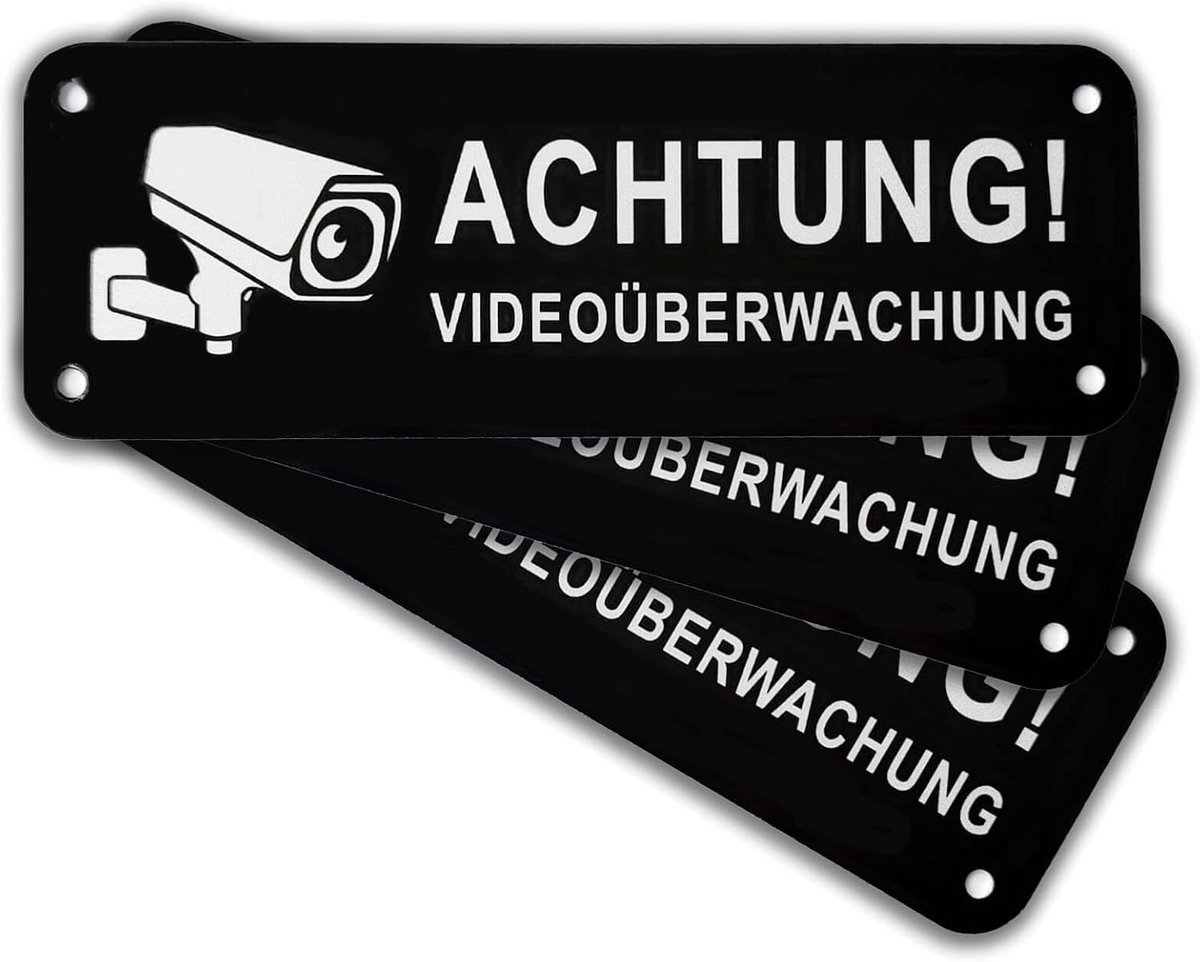 Videobewaking bord, 3 stuks 15 x 5 cm aluminium schild videobewaking privégrondstuk met zelfklevend en 4 boorgaten voor binnen en buiten