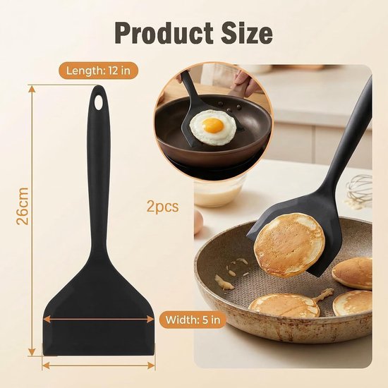 2 stuks siliconen spatel met antiaanbaklaag, groot (25 x 12 cm), hittebestendig (-40 °C tot 230 °C), BPA-vrij, voor het koken van vis en pannenkoeken, zwart — afbeelding 4