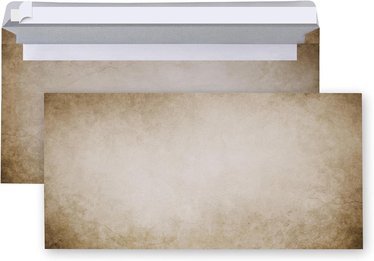 enveloppen, 25 stuks: papieren kuverts zonder venster, briefenveloppen marmerlook bruin beige, zelfklevende envelop met plakstrip, cadeauenvelop correspondentie, DL formaat, 22 x 11 cm