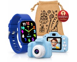 Sinterklaas Zak + Cadeautjes Kind Cadeau - Smartwatch Activity Tracker voor Kinderen Blauw + Kindercamera Blauw - Selfie Camera - Digitale Camera Kinderen - Cadeau Kind 4 5 6 7 8 9 10 jaar Jongen Meisje