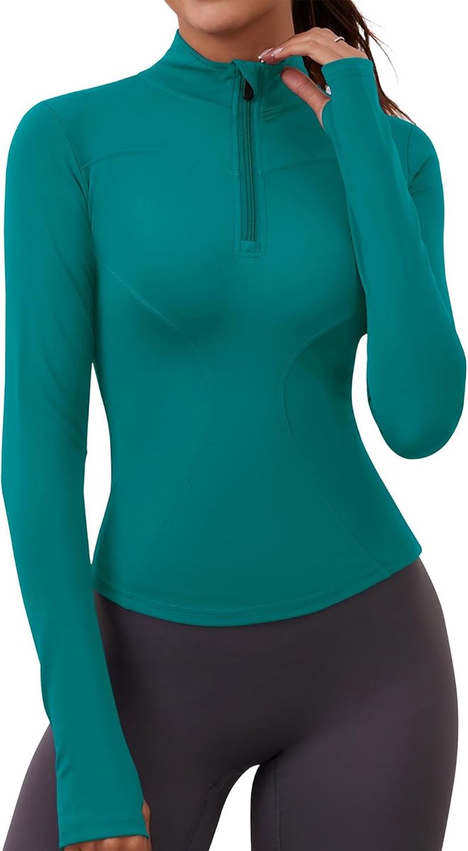 IWoo Sportshirt voor dames, sportbovendeel, ademend, loopshirt, sportjas, lichte hardloopjas, dames, halve ritssluiting, sweatshirt, activewear voor wandelen, gym, yoga, hardlopen