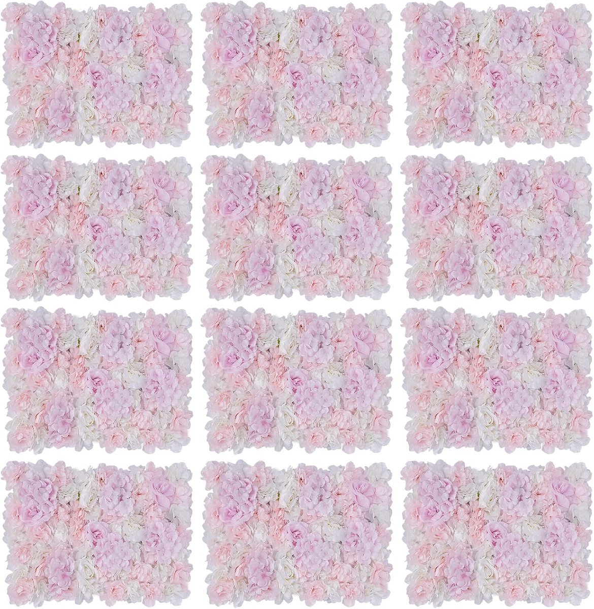 Kunstbloemenwandpanelen, 60 x 40 cm, doe-het-zelf zijden bloemen, kunstbloemen, wanddecoratieachtergrond voor bruiloft, decoratie, party, achtergrond (lichtroze + witte roos