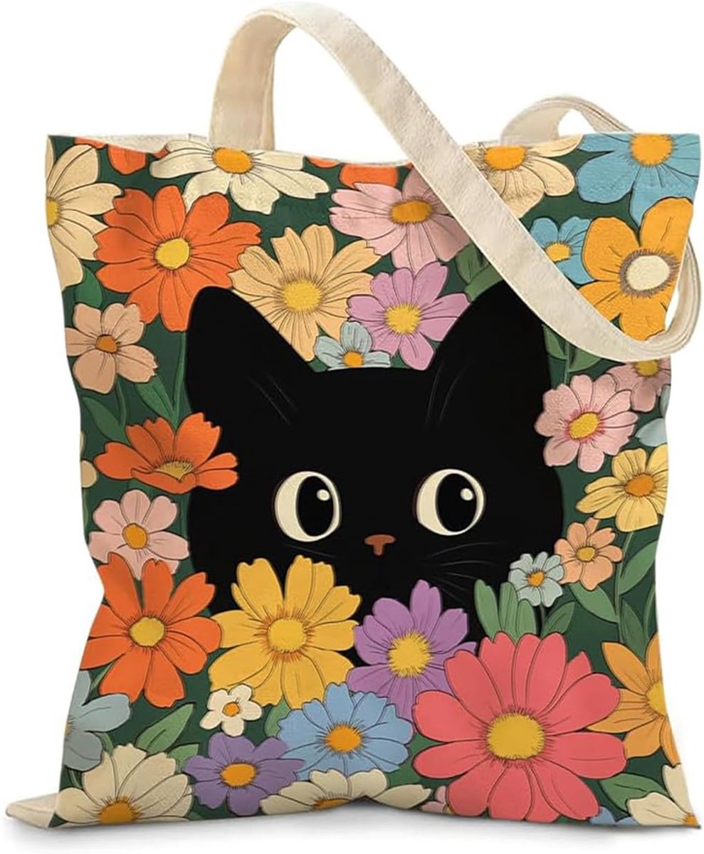 1 x boodschappentas, kat, robuust canvas, schattig motief, ideaal voor boodschappen en cadeau voor dames, en herbruikbaar, perfect voor kattenliefhebbers en dagelijks