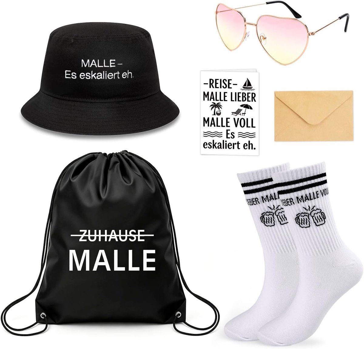 6 stuks Mallorca partyoutfit, malle outfit dames heren set, malle accessoireset - malle sokken, vissershoed, rugzak met trekkoord, zonnebril, wenskaarten, envelop, bierkostuum accessoires