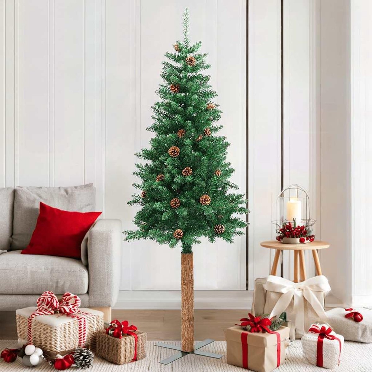Kerstboom van 180 cm met echt hout en dennenappels in groen, van pvc, grenenhout en staal, voor binnen en buiten, realistische kunstdennenboom met naalden