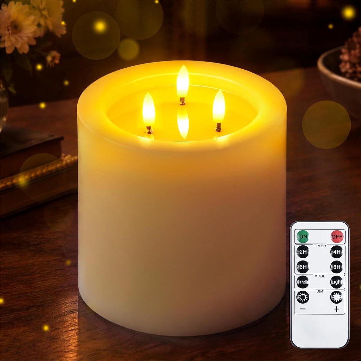 3-Wick 15cm x15cm grote vlamloze pijlerkaars met afstandsbediening en wasolie-effect, timerfunctie witte batterij-aangedreven LED flikkerende echte wax 3D-lont kaars voor huisdecoratie