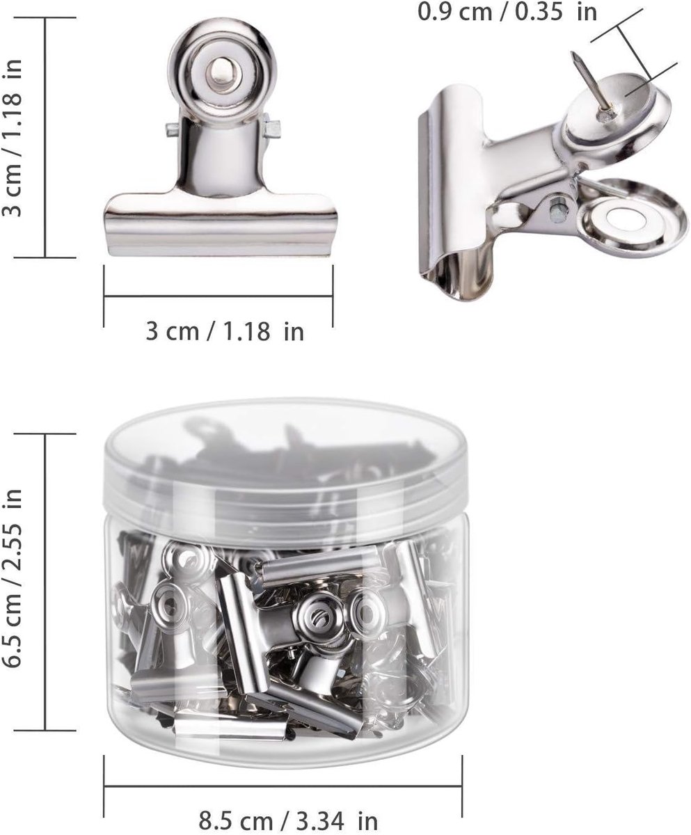 Pin Clips, 30 stuks metalen bulldog clips met duimspijkers voor gebruik op kurkborden, prikborden en fotowanden, thuis, school en kantoor (zilver)