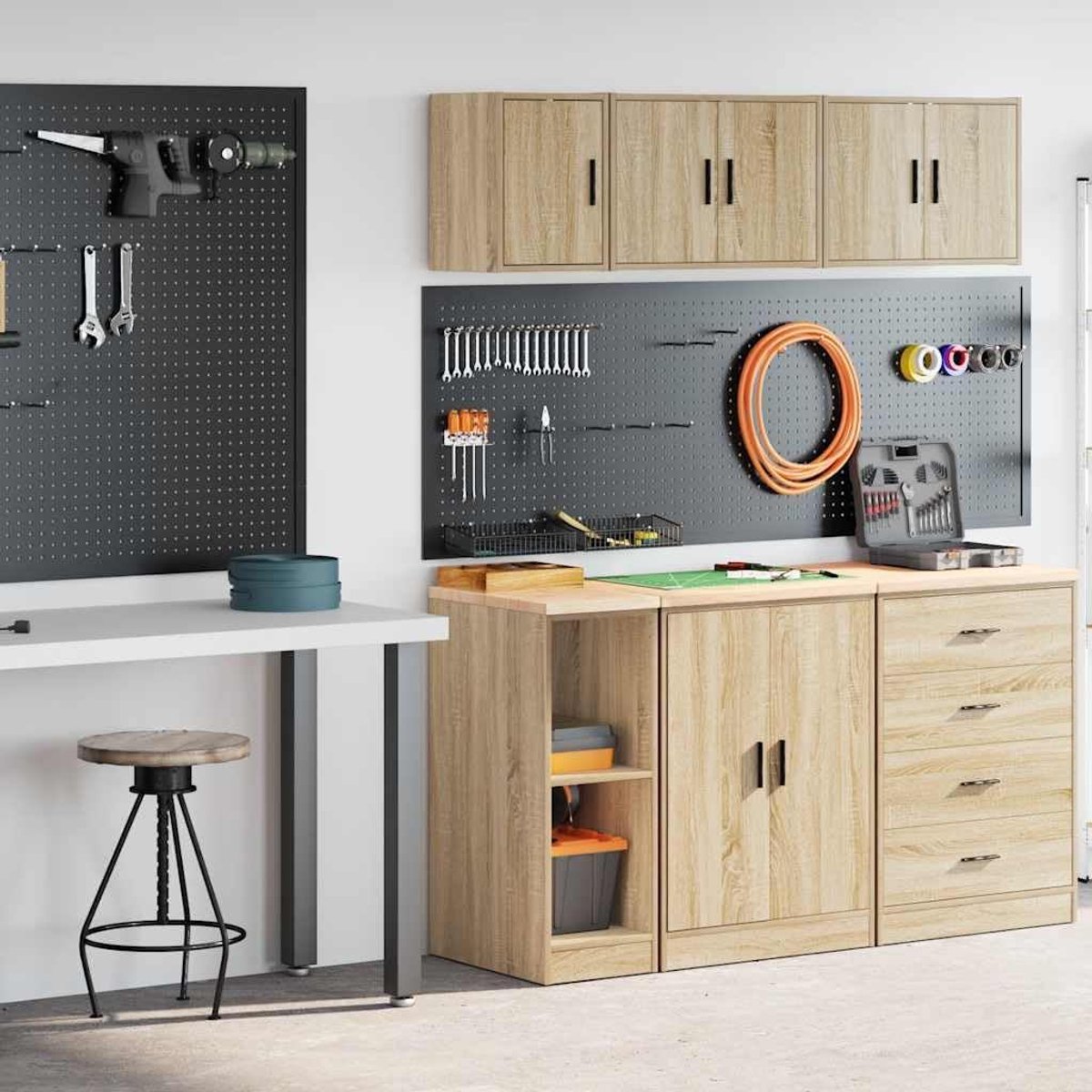 2 stuks, van grenenhout en houtmateriaal, gereedschapskast met veel opbergruimte en werkblad voor garage, werkplaats of kelder, onderhoudsvriendelijk en flexibel