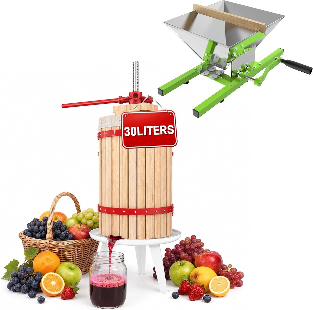 Mobiele Wijnpers Set incl. 30L Sappers Eiken Fruitpers + 7L Roestvrijstalen Fruitmolen Snijpers Appelpers Bietenmolen Home Brewing Tools Handpersen voor Fruitwijnen Vruchtensappen Appelsap