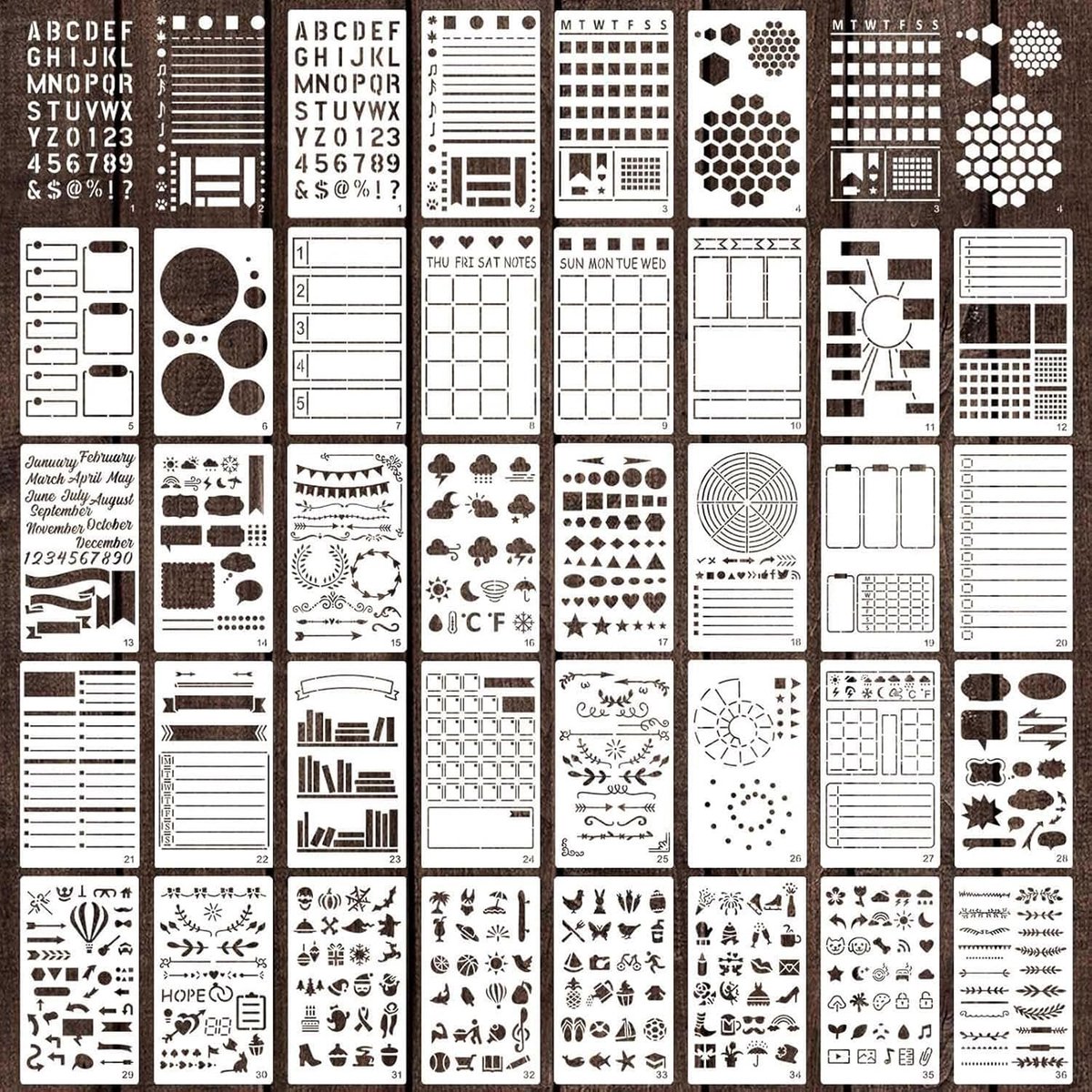 sjablonen, 36 stuks dagboekstencilset, doe-het-zelf schildersjablonen voor notitieboek, dagboek, scrapbook, fotoalbumdecoratie