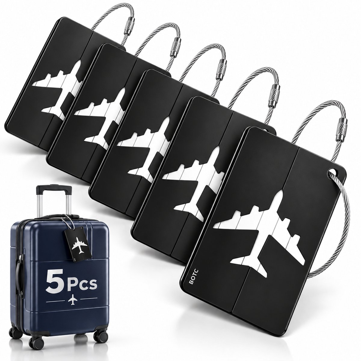 Bol.com BOTC Kofferlabels - Aluminium Bagagelabel - 5 stuks Kofferlabel - Reisaccessoire - Naamlabel - Zwart aanbieding