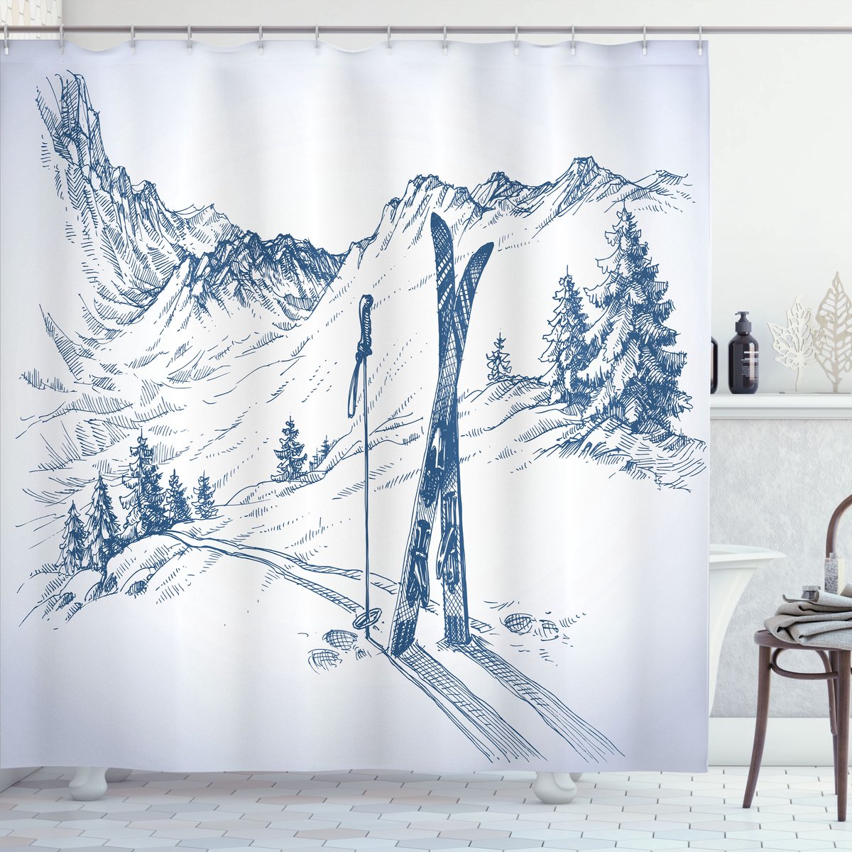 ABAKUHAUS Winter Douchegordijn, Ski Sport Berg Uitzicht, Stoffen Badkamerdecoratieset met Haken, 175 x 240 cm, Blauw Wit