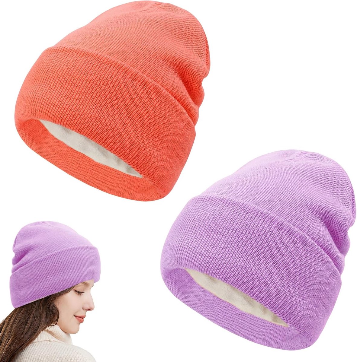 2-set voor heren en dames - Lichtpaars en Oranje, Unisex, Zachte en Comfortabele Gebreide Mutsen, Perfect voor Outdoor Activiteiten, Universele Maat