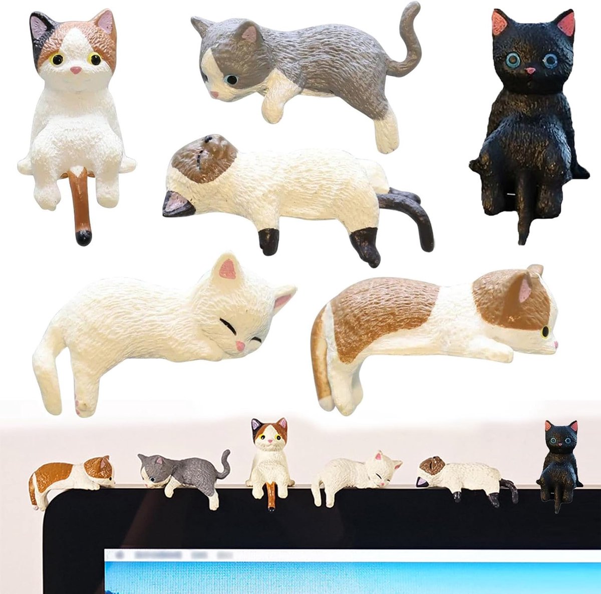 6 stuks decoratieve kattenfiguren voor monitor, bureau, decoratie, kat, mini-kattenfigurenset van hars, zittende kattenbeelden voor kantoor, computerscherm, auto-dashboard, woonkameraccessoire