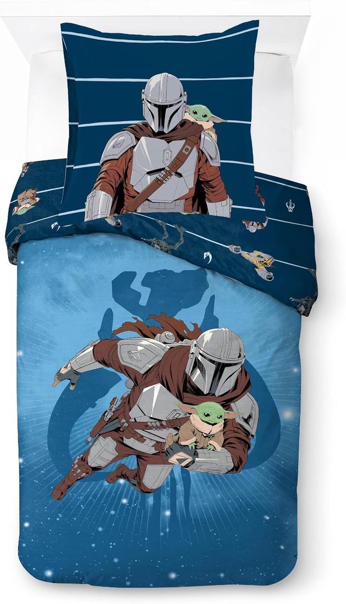 Franco Kids Star Wars The Mandalorian beddengoedset, 100% katoen, superzacht beddengoed met kussensloop, officieel gelicentieerd product, blauw, 2-delig, eenpersoonsbed