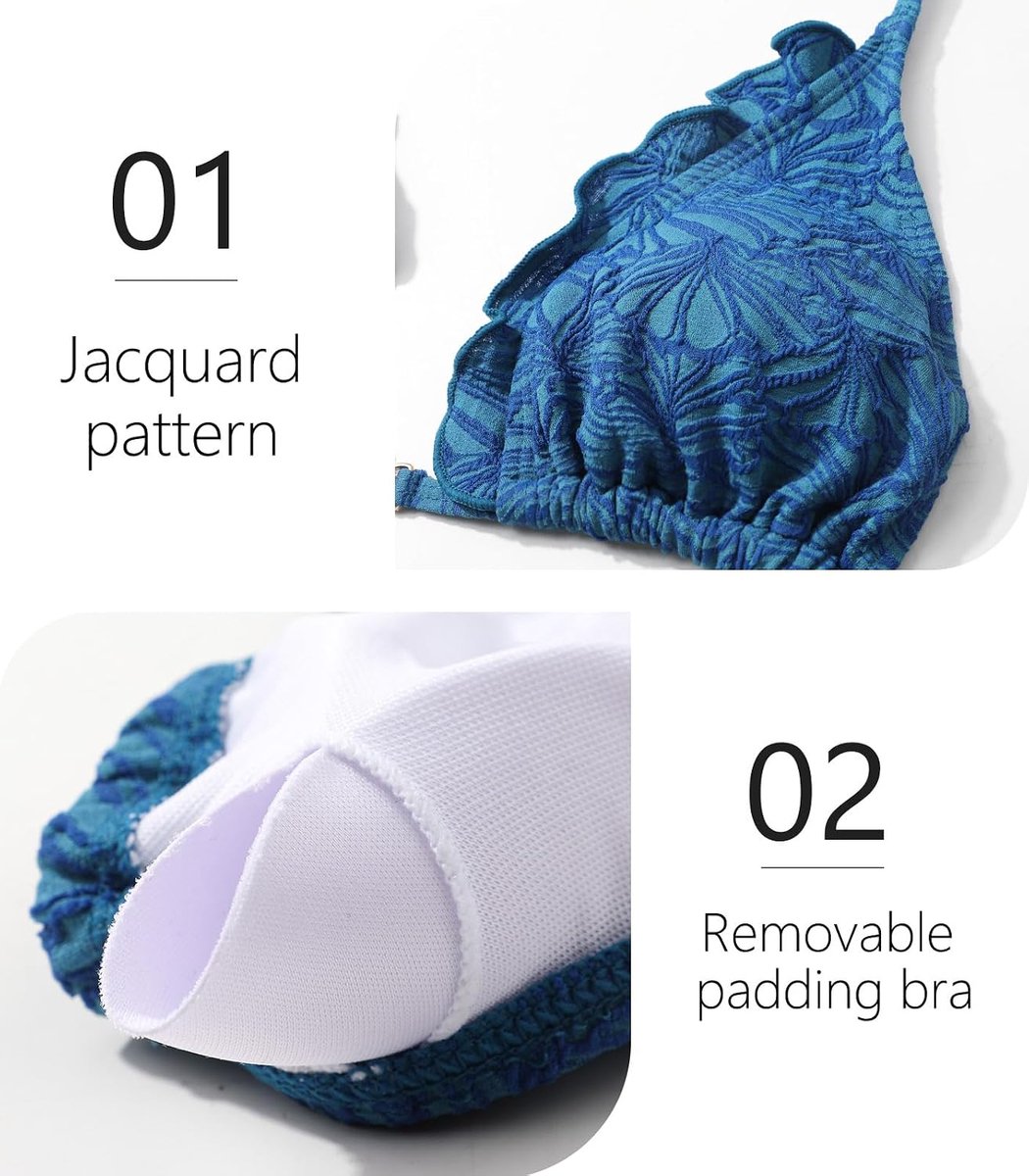 Bikiniset voor dames, nekhouder, triangel-bikinitop, bikinibroekje met trekkoord, lage taille, badpak met jacquardprint, gouden sluiting, tweedelig badpak