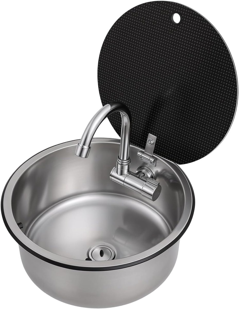 Keukenspoelbak Roestvrij Staal Geborsteld Spoelbak Spoelbak Enkele Spoelbak Met Opvouwbare Draaibare Kraan Glazen Afvoer Voor Camper Caravan Yacht Bar Rond 34 x 15 cm