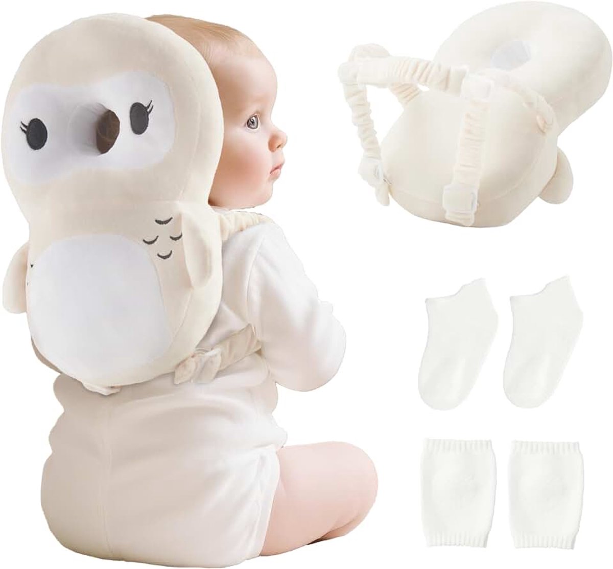 Babyhoofdbescherming, rugzak met sokken en kniebeschermers, ademend ruggedeelte, met verstelbare draagriem voor 5-24 maanden, voor kruipen, lopen leren en kinderactiviteiten (uil)