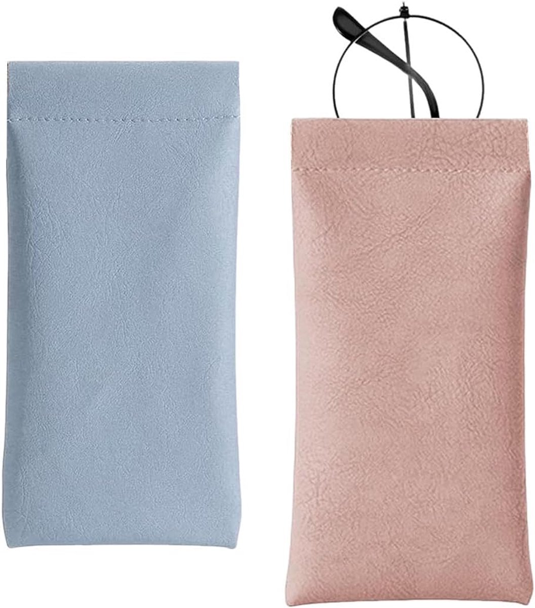 2 stuks brillenkoker, PU-leer, zachte beschermhoes, draagbaar voor zonnebril, voor mannen en vrouwen (roze, blauw)