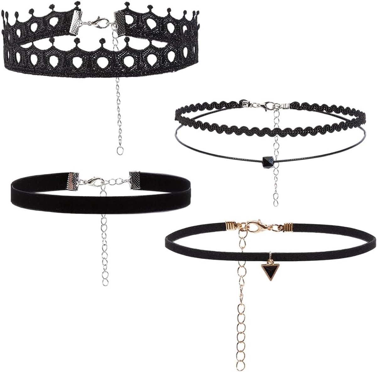 1 Box 4 Stück 4 verschiedene Stile Schwarze Gothic Vintage Choker Halsketten Verstellbare Mehrlagige Samt Choker Mit Metall Endkette Kragen Spitzenhalsketten Für Damen Kostüm Cosplay Party K