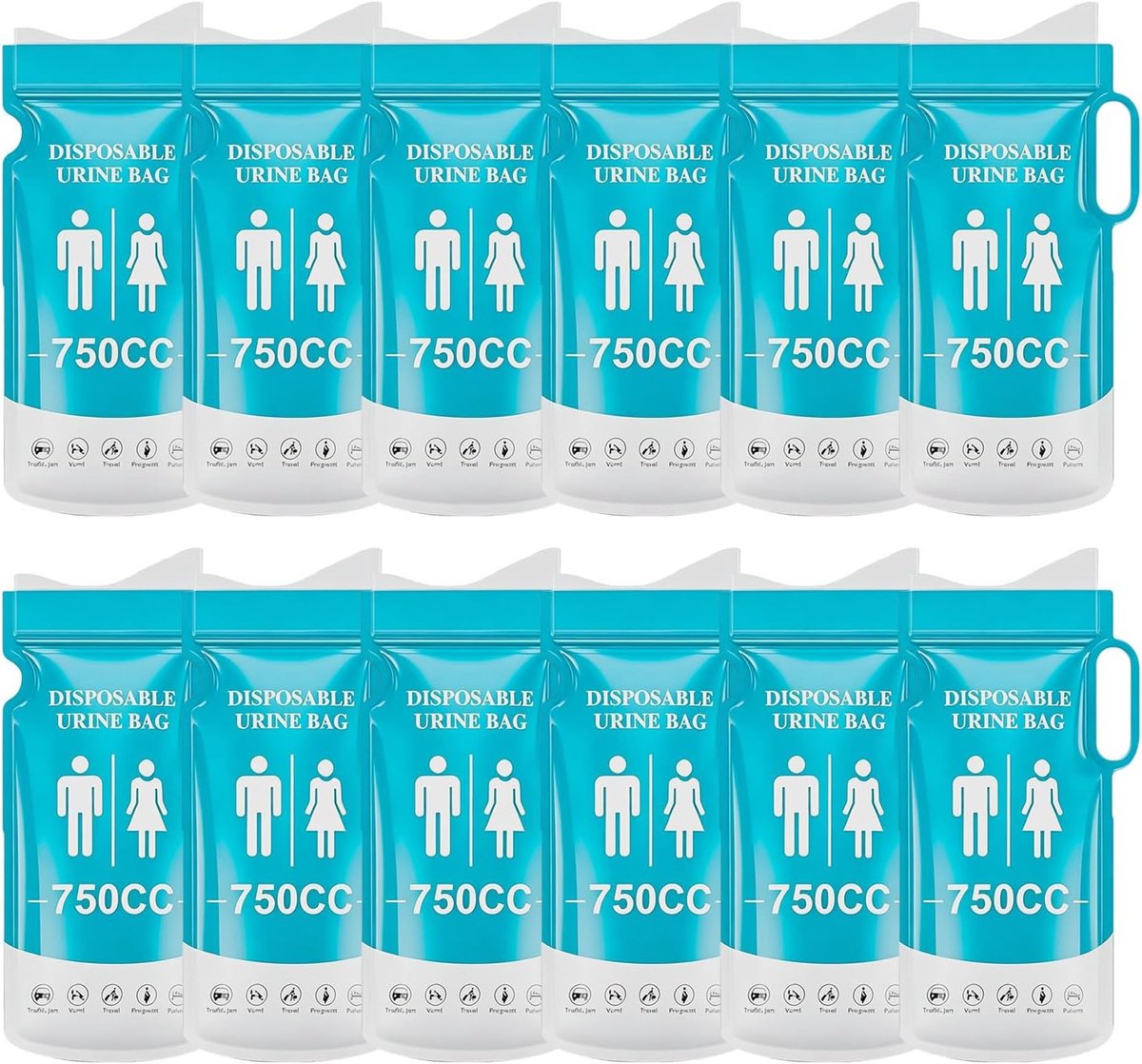 12 draagbare urinoirzakken, 750 ml, wegwerp urinoir met absorberende gel en handvat, voor reizen, voor mannen, vrouwen, kinderen, auto, camping en noodgevallen