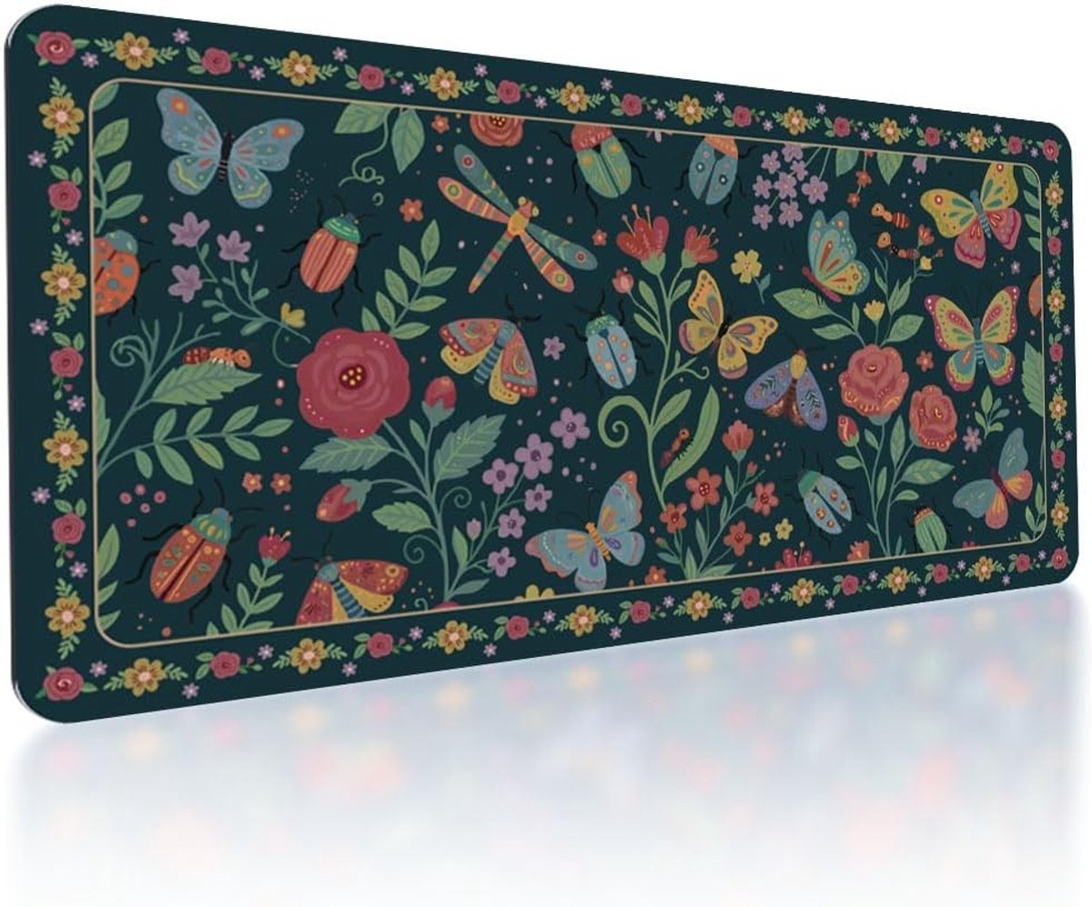 Grote antislip gaming muismat met libelle en vlinder in donkergroen voor computer en laptop, waterdicht en ideaal voor thuiskantoor, 80 x 40 cm