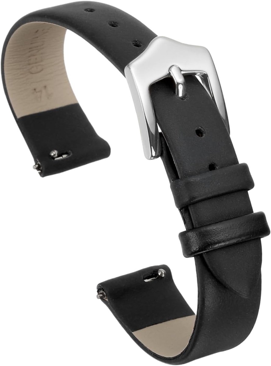 Elegant zwart dameshorlogebandje van echt leer, 14 mm, met zilverkleurige gesp voor stijl en comfort