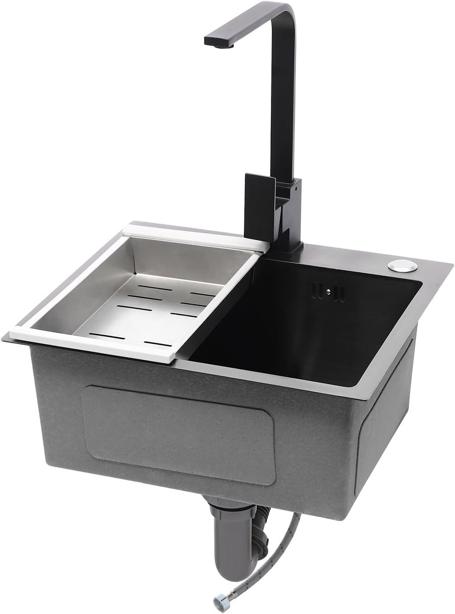 Spoelbak roestvrij staal spoelbak zwart grijs hoekig inbouwspoelbak keuken enkele wastafel keuken rechthoekig keukenspoelbak met zeepdispenser, afvoermand, armatuur