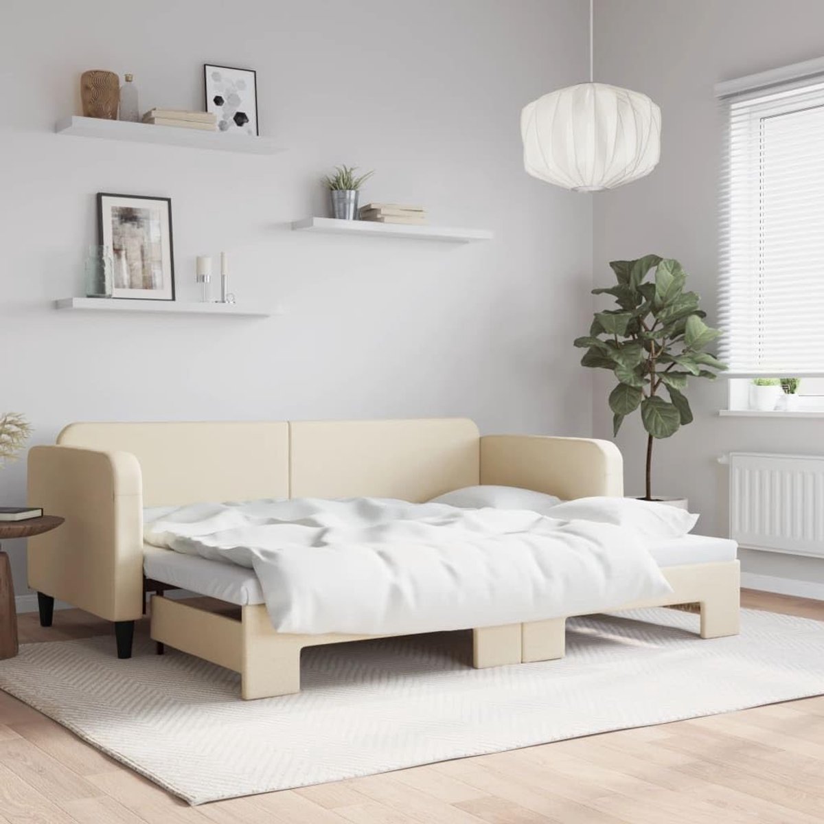 Uittrekbaar, crème, 80 x 200 cm, stof, hotelbedframe, bedframe voor woonkamer, slaapkamer, geschikt voor slaapkamer