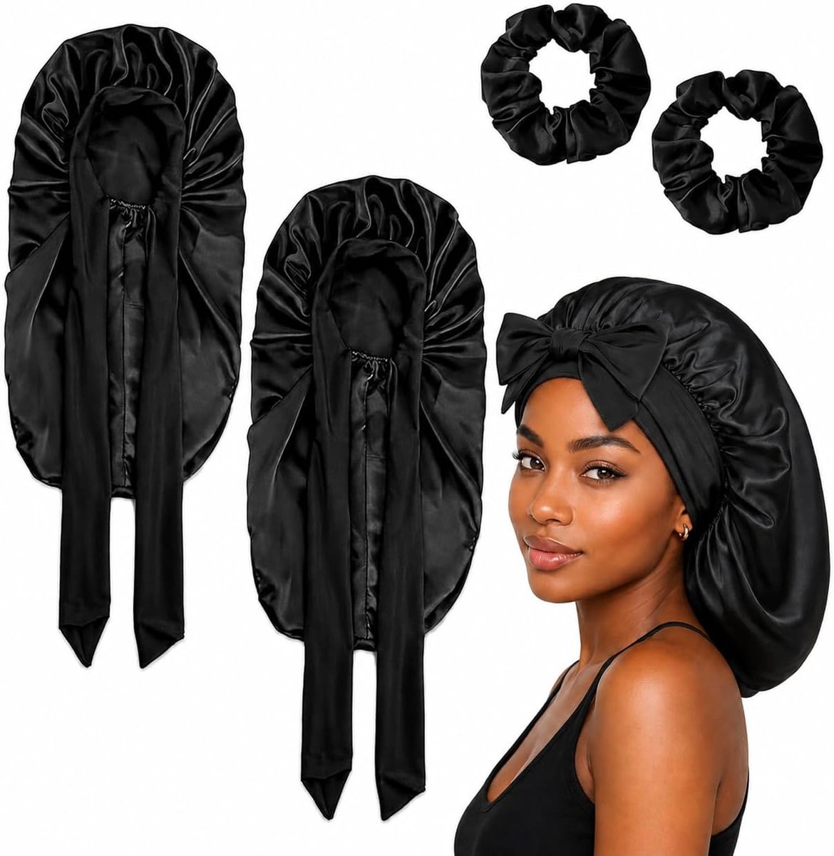 2 stuks zijden mutsen om te slapen, satijnen haarkap met 2 scrunchies, zwart, lange slaapmuts, bonnet slaapmuts voor lang haar, beschermt krullen, vlechten, dreadlocks, dames, haarkap voor de