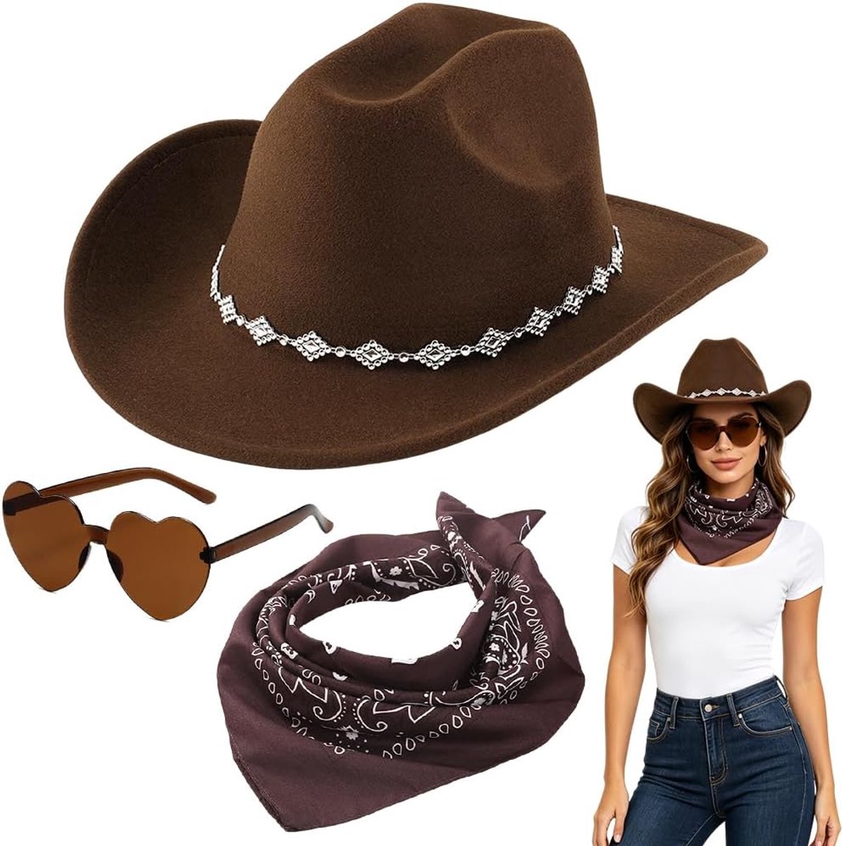 hoed set western cowboyhoed met pentagram zonnebril en vierkante sjaal kostuumaccessoires verstelbaar trekkoord multifunctioneel voor Halloween themafeest