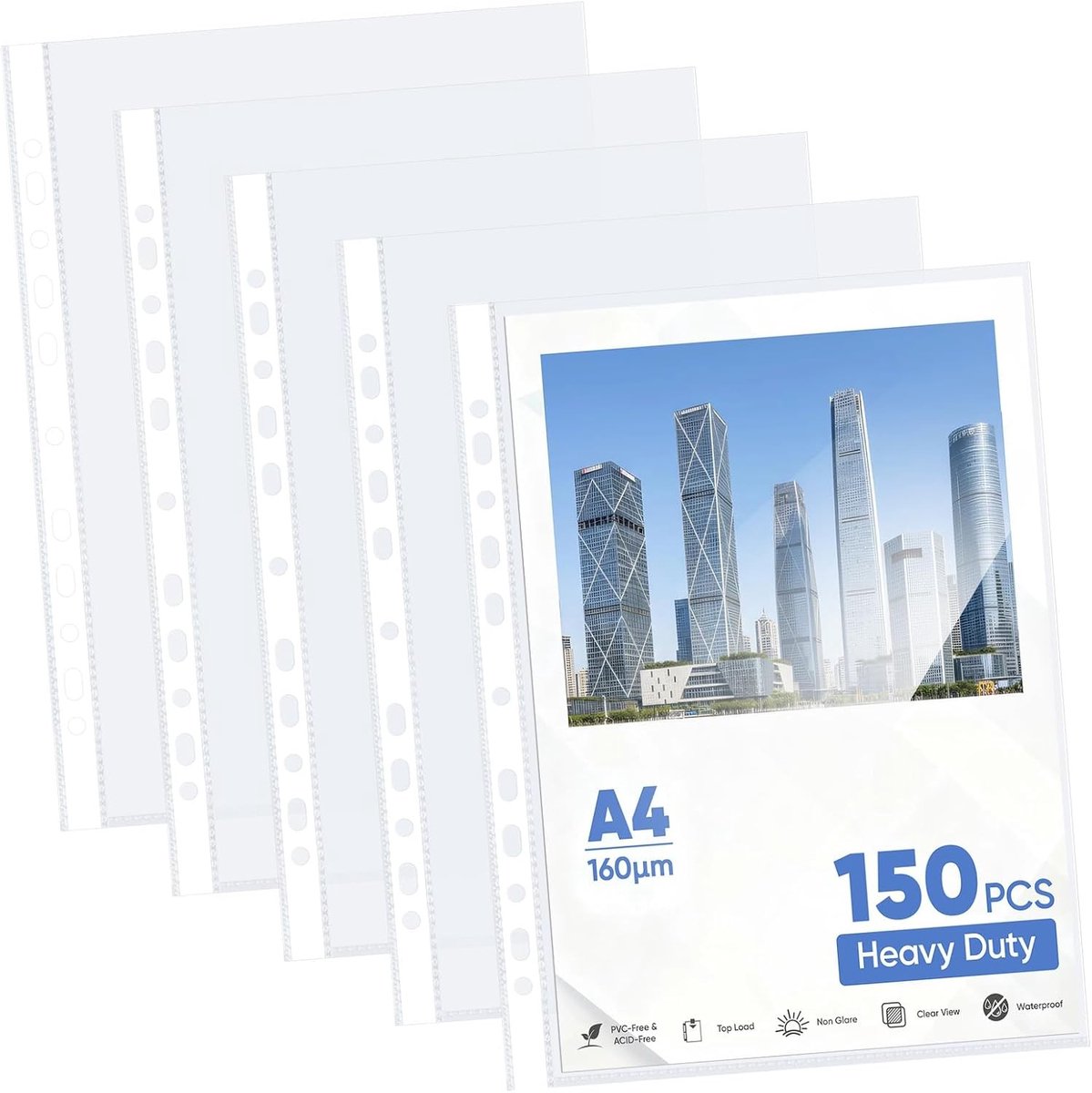 Set van 150 stevige A4 perforatiehoezen - 160µ transparante polypropyleen hoezen voor documenten, bestanden en papieren bescherming