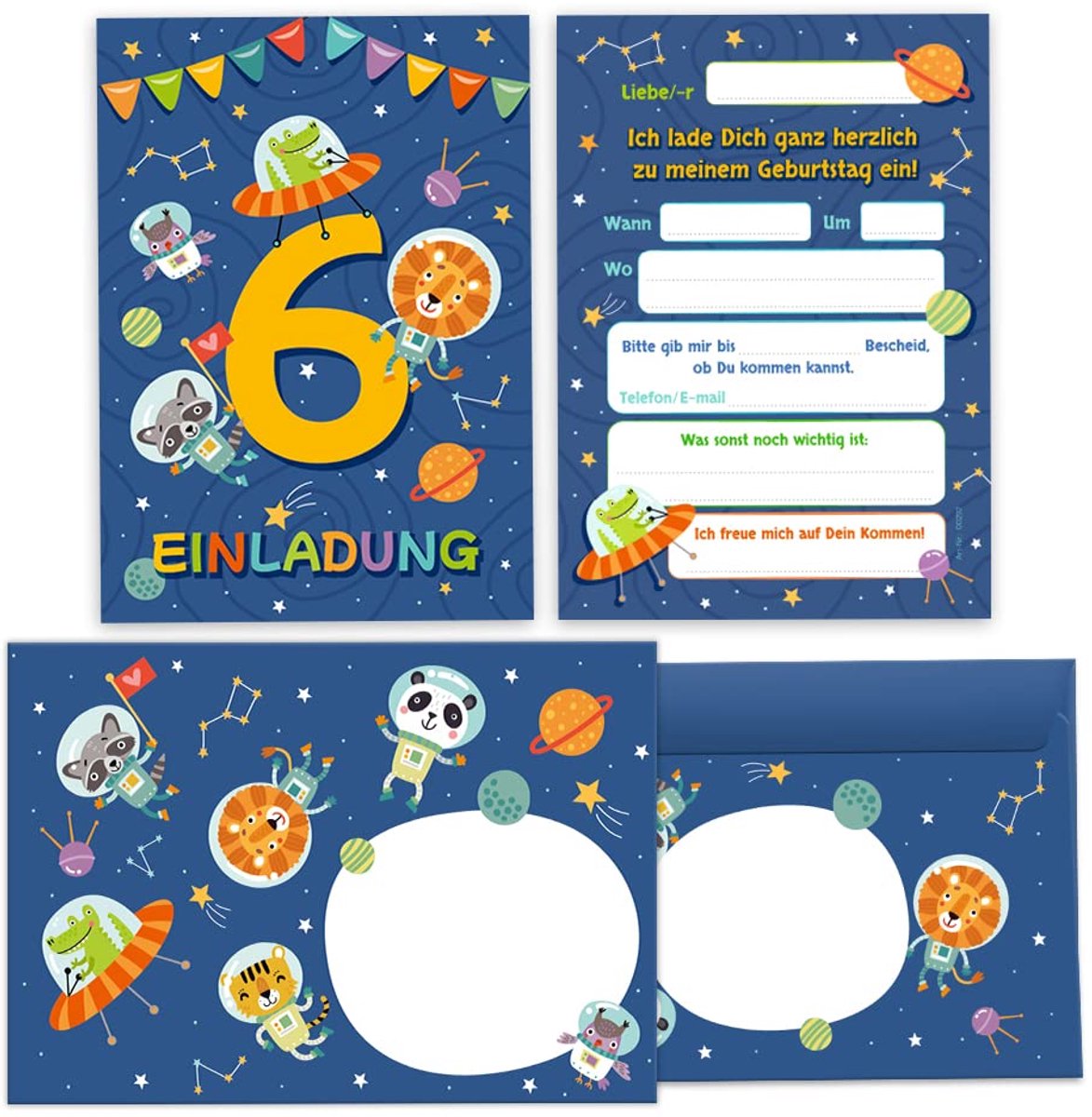 12 uitnodigingskaarten incl. 12 enveloppen voor 6e kinderverjaardag zesde verjaardag jongens meisjes astronautenfeest heelal verjaardagsuitnodigingen