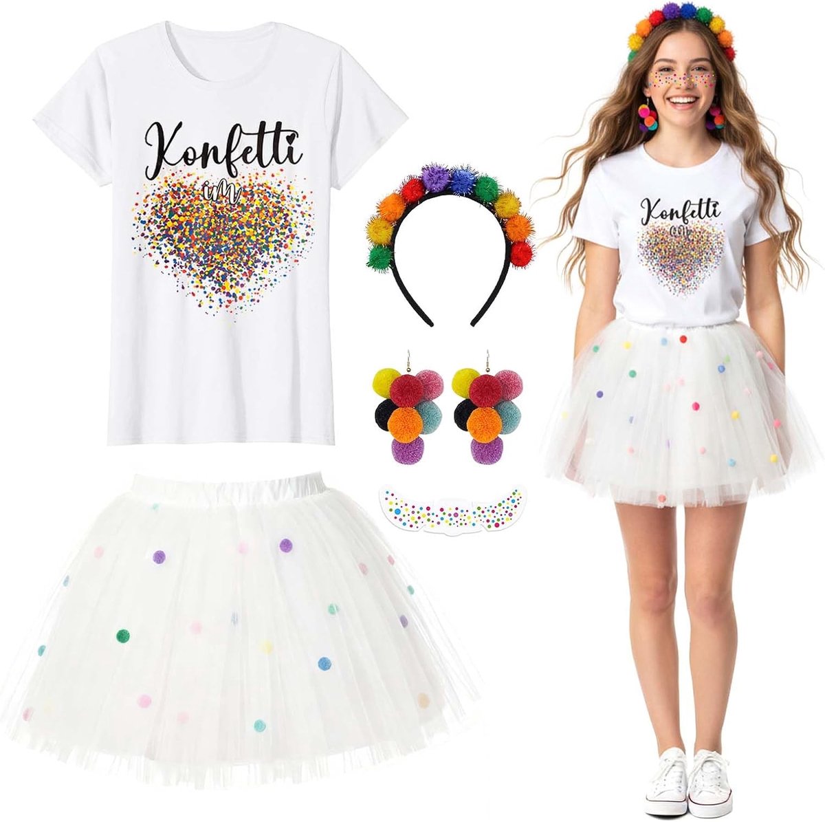 kostuum voor dames, confetti in het hart, carnaval, confetti kostuum, outfit, T-shirt, witte tule rok, haarband met pompons, kleurrijk, oorbellen, stickers, confetti, tule rok