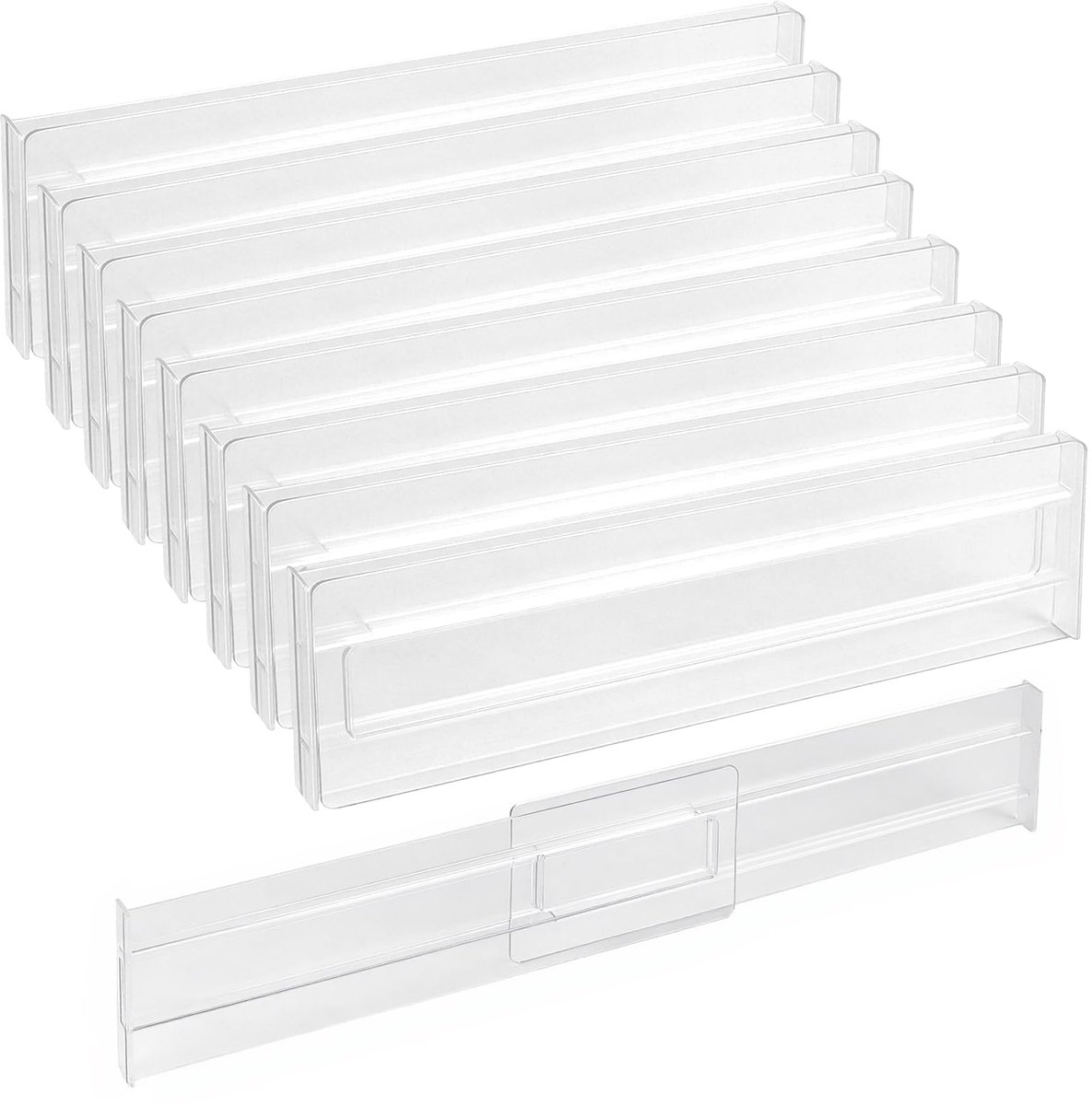 Famanu 8 stuks verstelbare ladeverdelers, ladeverdeler, verstelbaar, transparante kunststof lade-organizer voor keuken, badkamer en slaapkamer, 27,5-52 cm