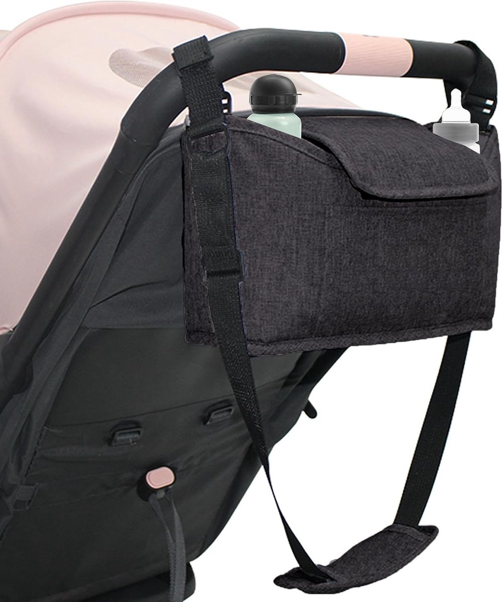 Pram Organizer voor Babywagens met Drinkbekerhouder, Ruime Organizer Tas voor Kinderwagens, Handig en Draagbaar Ontwerp in Zwart
