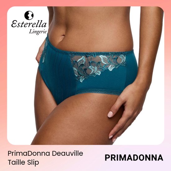 Blauwe PrimaDonna Deauville slip met kanten details op de buik en gestreepte stof aan de zijkant.