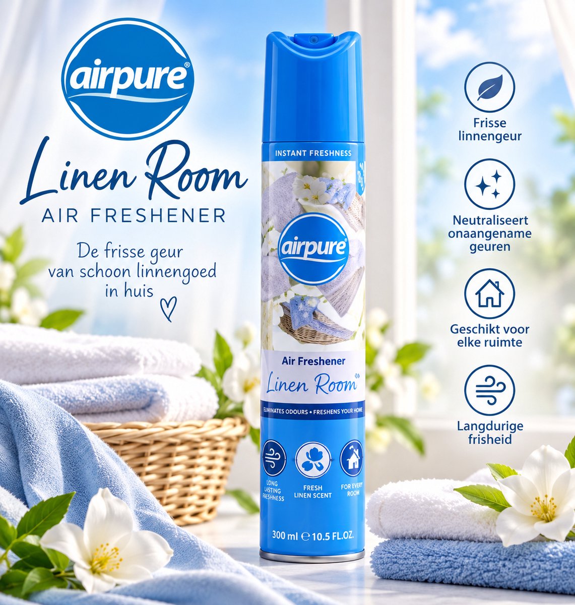 Airpure Linen Room Luchtverfrisser 300 ml – Frisse Linnengeur – Roomspray voor Woonkamer, Slaapkamer, Badkamer & Kantoor – 1 Stuk