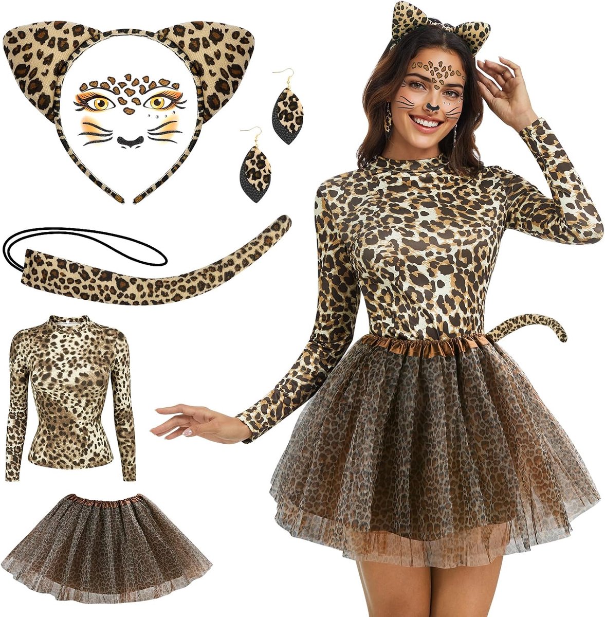 Luipaardkostuum voor dames, luipaardkostuum met luipaardoren, oorbellen, staart en gezichtstattoo, dierkostuum voor dames, voor carnaval, Halloween, cosplay