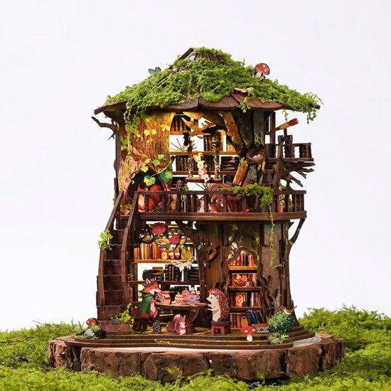 Premium Miniatuur bouwpakket - Book Nook Poppenhuis Knutselpakket (410 Stuks) - Sprookjesachtig Bos Theehuis met Touch LED Verlichting – 3D Miniatuurhuisje met Groen Dak – Houten Mini Huis Model – 3D Houten Puzzel Volwassenen & Kinderen