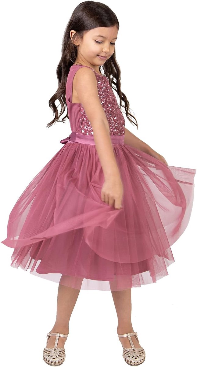 Deluxe Midi-jurk voor meisjes, pailletten, feestjurk, tutu, bruidsmeisjes, bruiloft, met ceintuur