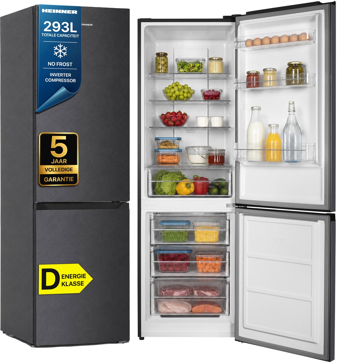 Heinner HCNF-HM293INVDGD Koel-vriescombinatie – 293 L – Total No Frost – Inverter Compressor – Energieklasse D – Instelbare Thermostaat – LED-verlichting – Antracietgrijs – 5 Jaar Garantie