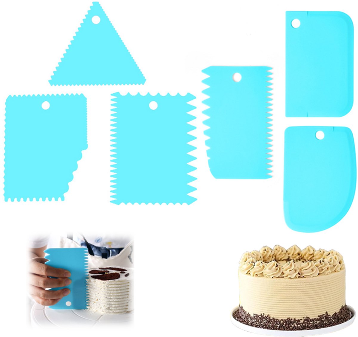 6 stuks - Deegschraper - Keukenschraper - Taartschrapers - Deegsnijder - Bakaccessoires voor taartdecoratie - Blauw - voor het decoreren van de zijkanten van taarten en het gladstrijken van glazuur