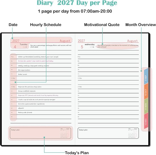 Dagplanner 2027, één dag per pagina, A5 dagplanner (januari – december 2027), schoolagenda 12 maanden met pen, gekleurde maandkaarten, penring — afbeelding 2