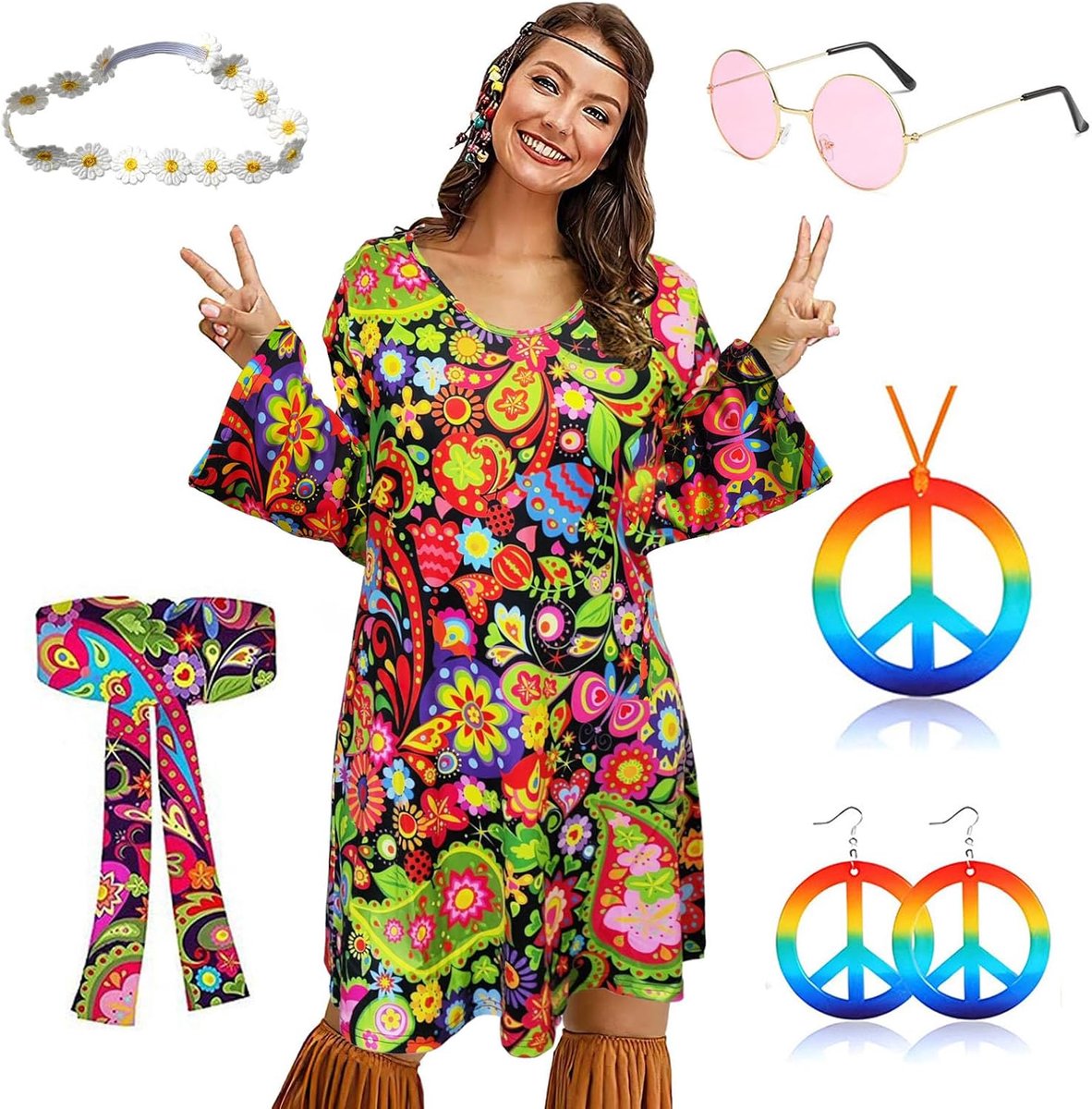 Hippiekostuum voor dames, jaren '60 en 70 kleding, vrouwen, meisjes, discojurken met jaren 70-jurk, hippie-accessoires, carnavalskostuums voor Halloween, carnaval, cosplay